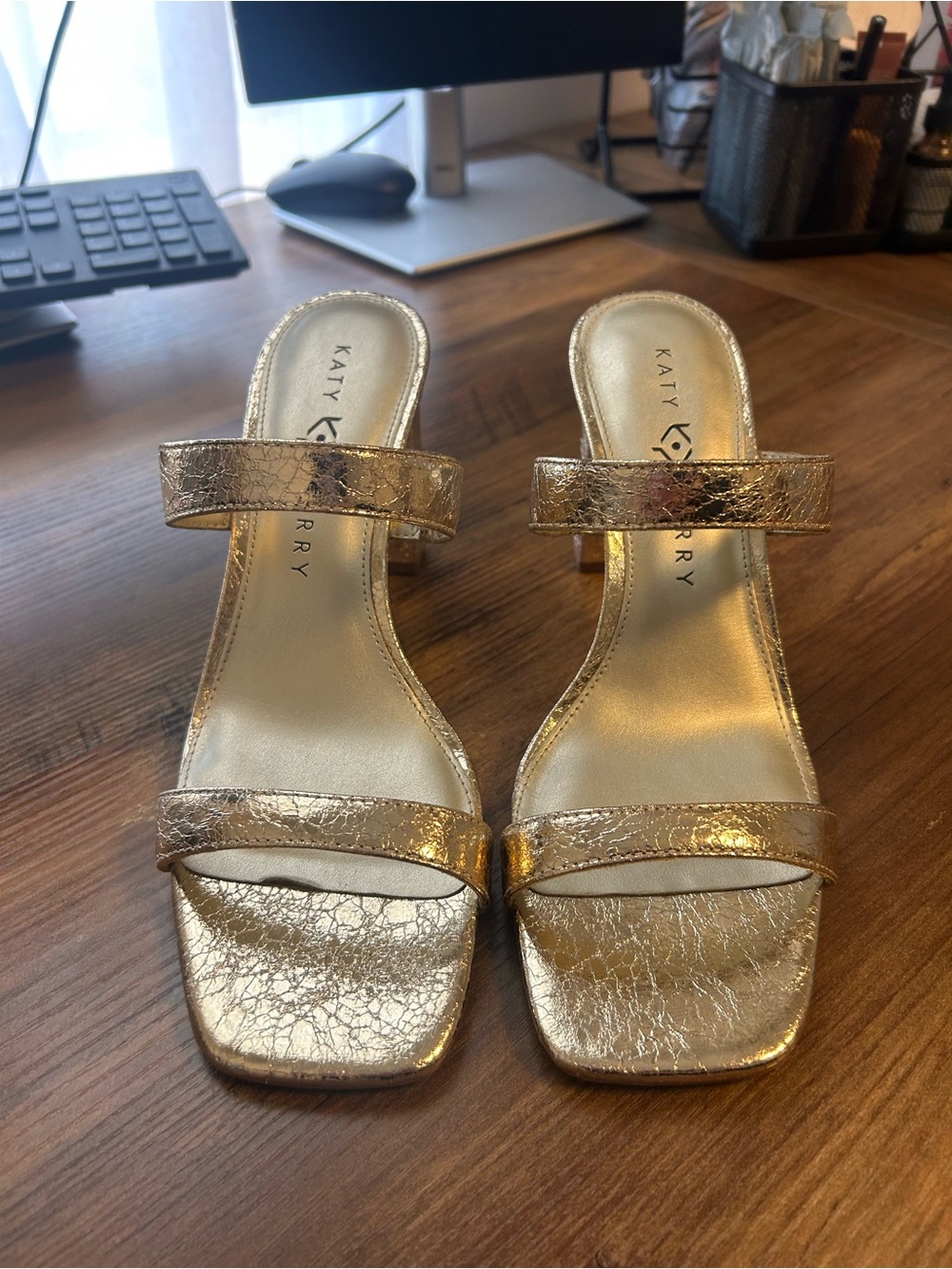 Katy Perry Collections Metallic Gold Double Strap Heeled Sandals- 9.5- worn once